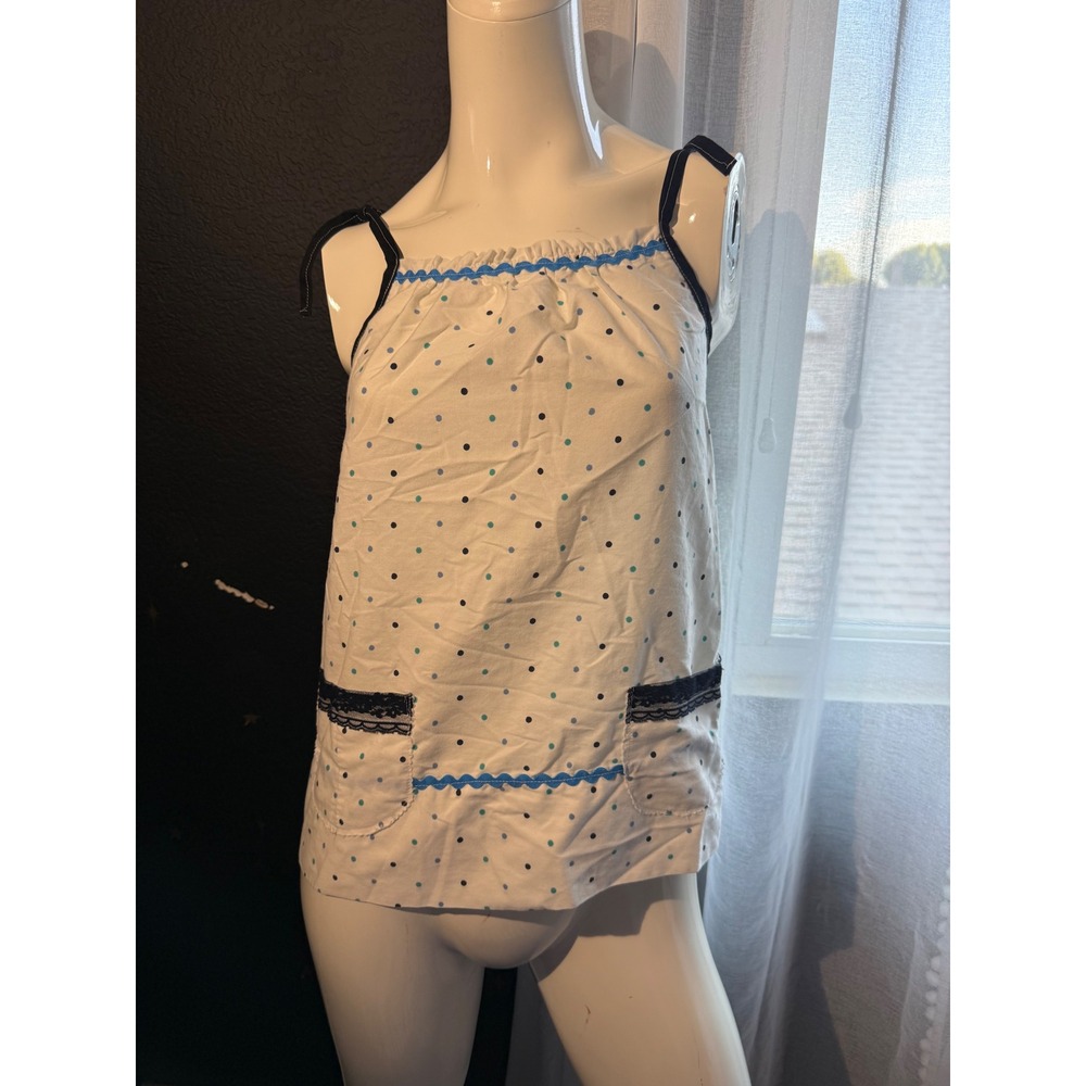 Polka Dot Tie Strap Camisole Top White Blue Ric Rac Lace Pockets Sleeveless